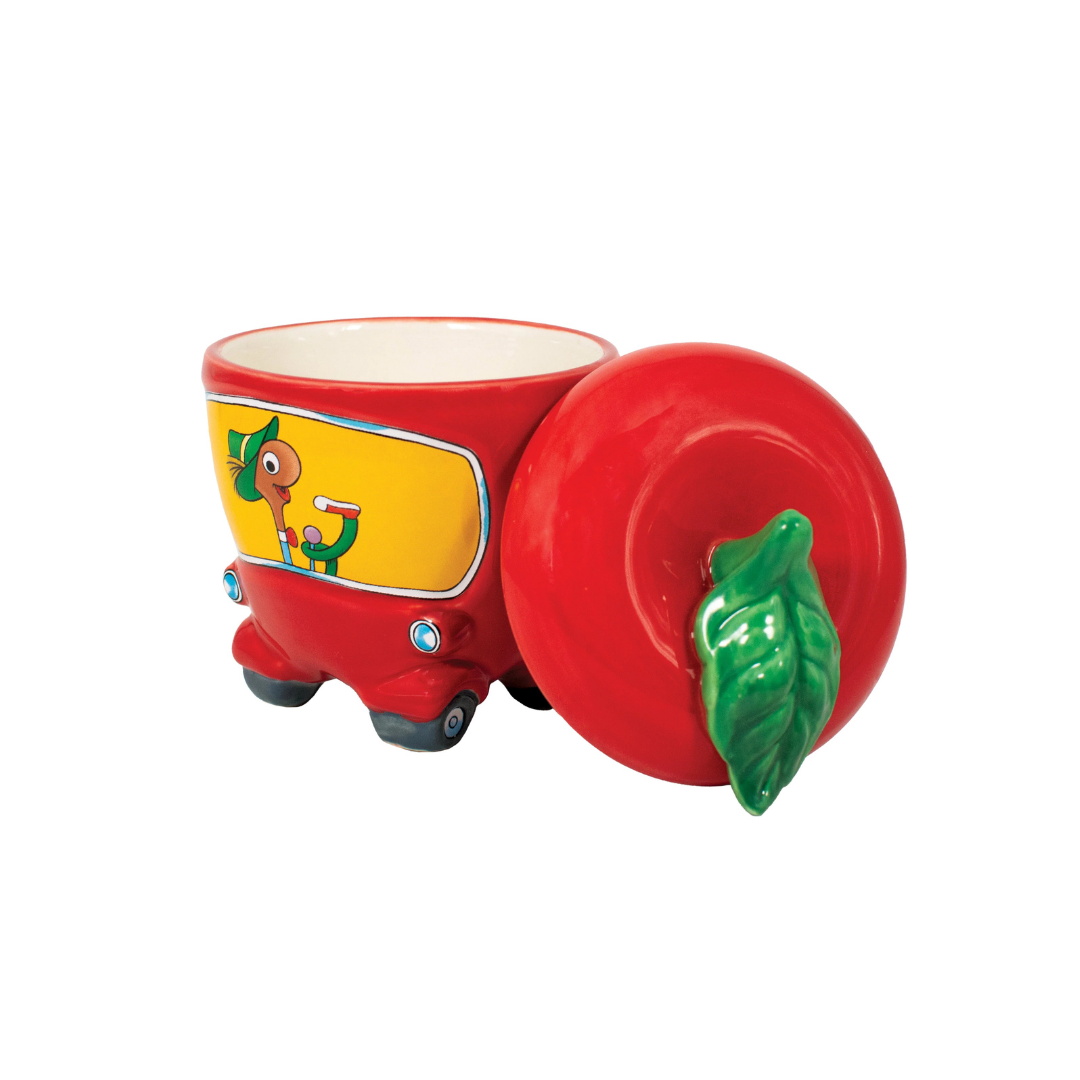 Red ceramic mug in shape of an apple car with a removable lid and illustration of Richard Scarry's Lowly Worm 